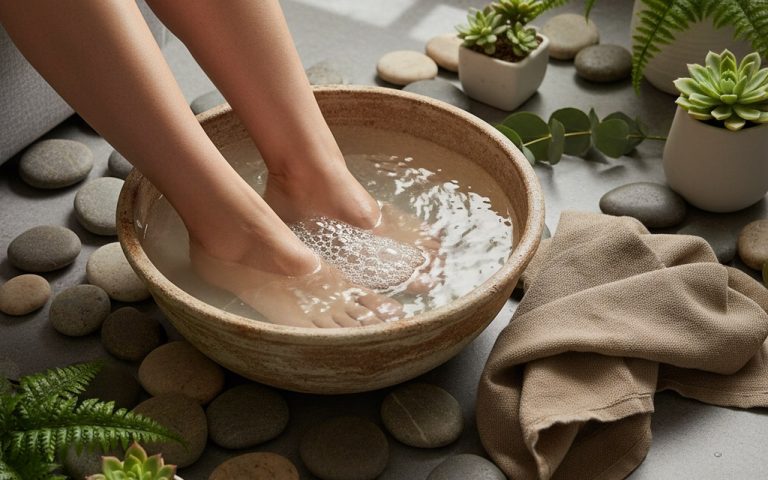 Bain de pieds au bicarbonate de soude dans un cadre apaisant avec des éléments naturels.