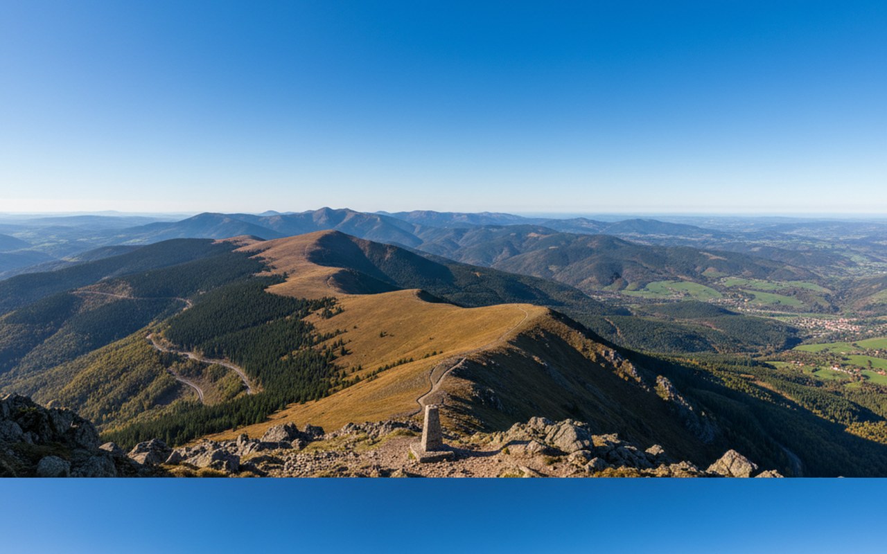 Vue panoramique depuis le sommet du Ballon d'Alsace, crêtes vosgiennes et vallées environnantes.
