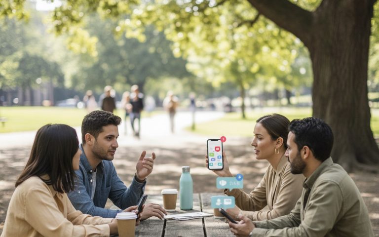 Groupe de jeunes adultes discutant de la santé sexuelle dans un café.