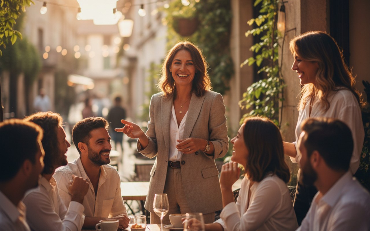 Personne confiante interagissant dans un cadre social, illustrant le charisme et l'authenticité.