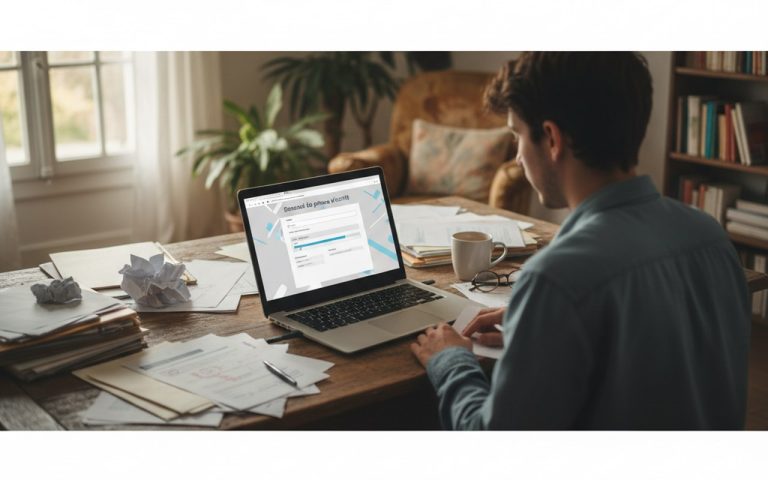 Jeune adulte remplissant une demande en ligne pour la prime d'activité à son bureau.