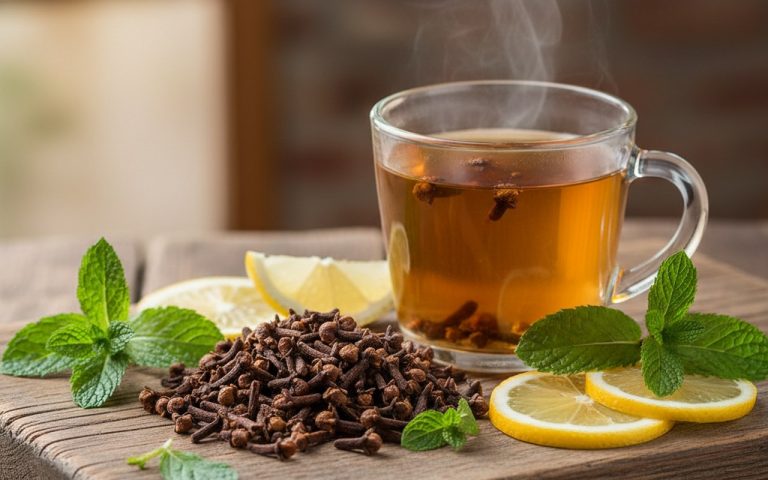 Clous de girofle et infusion avec menthe et citron pour une haleine fraîche.