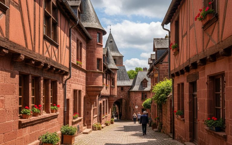 Ruelles médiévales de Collonges-la-Rouge avec maisons en grès rouge.