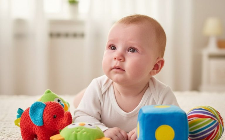 Bébé avec les yeux rouges et larmoyants sur une couverture douce, jouets colorés autour.