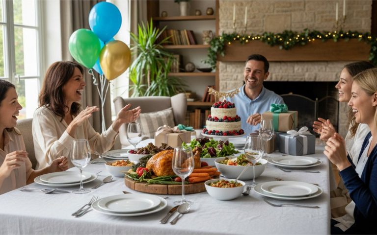 Repas familial pour la fête des Pères avec cadeaux et décorations.