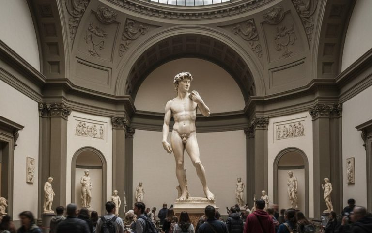 Statue du David de Michel-Ange à la Galleria dell'Accademia, Florence, avec des visiteurs admirant l'œuvre.