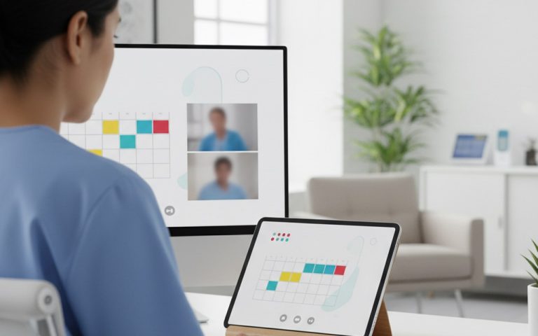 Un professionnel de santé gérant des rendez-vous avec Doctolib Pro dans un cabinet moderne.