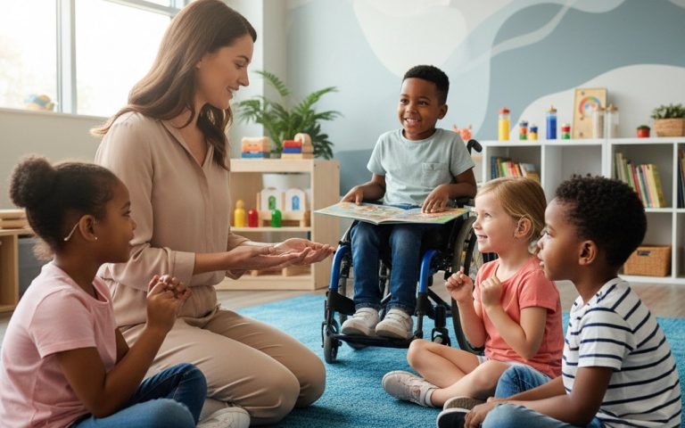 Éducateur spécialisé accompagnant des enfants dans un institut médico-éducatif.