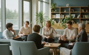 Scène chaleureuse dans un institut psychiatrique montrant des interactions humaines