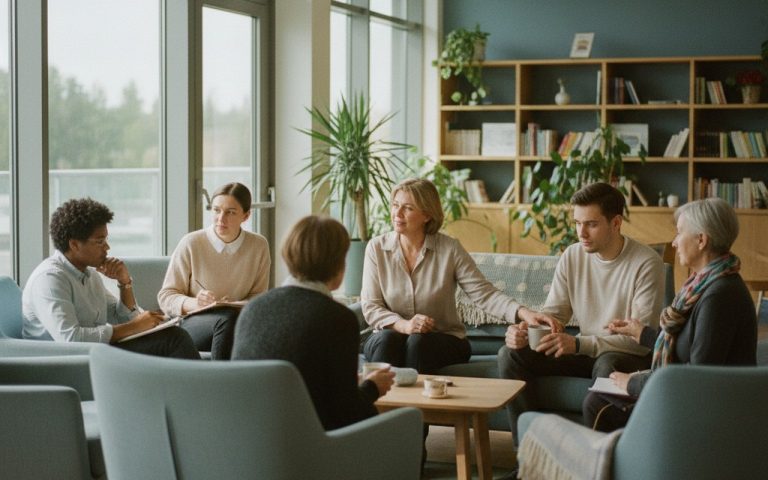 Scène chaleureuse dans un institut psychiatrique montrant des interactions humaines