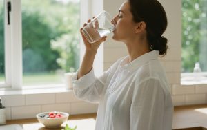 Personne buvant de l'eau au réveil pour stimuler le transit intestinal.
