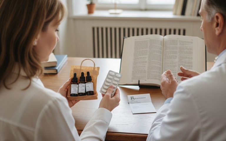 Consultation médicale avec fleurs de Bach et médicaments, illustrant le dilemme des traitements.