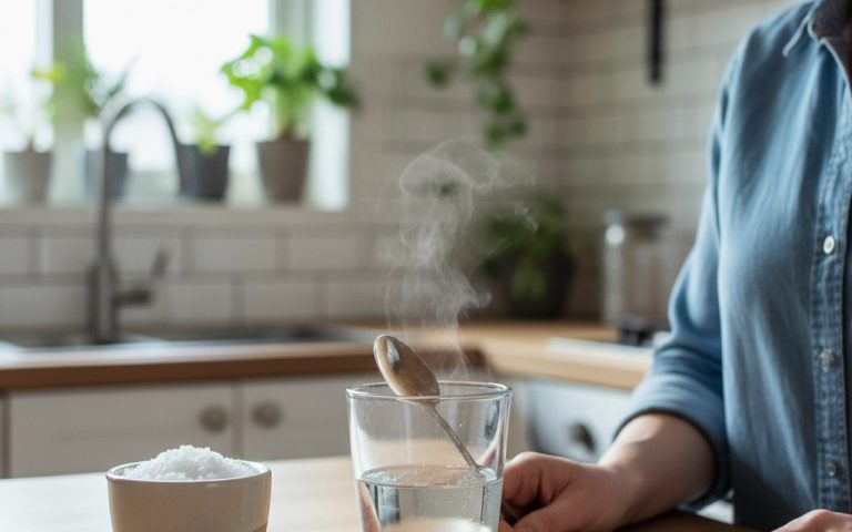 Préparation d'un gargarisme à l'eau salée dans une cuisine