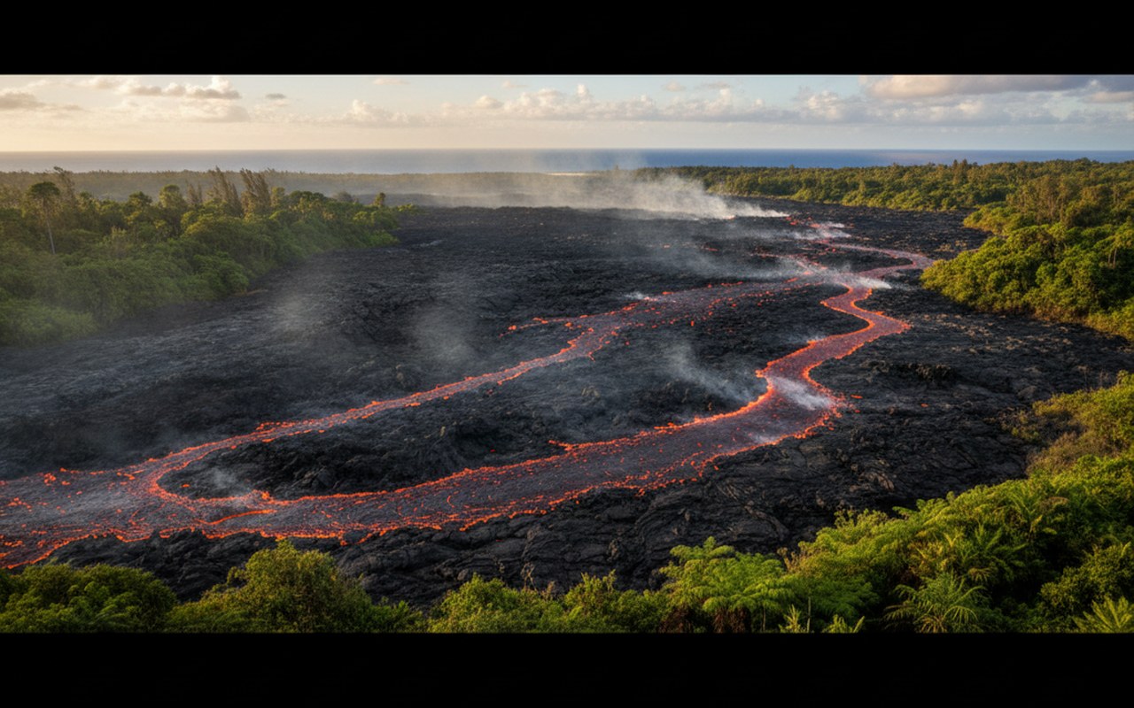 Paysage volcanique de Big Island avec coulées de lave et végétation luxuriante.