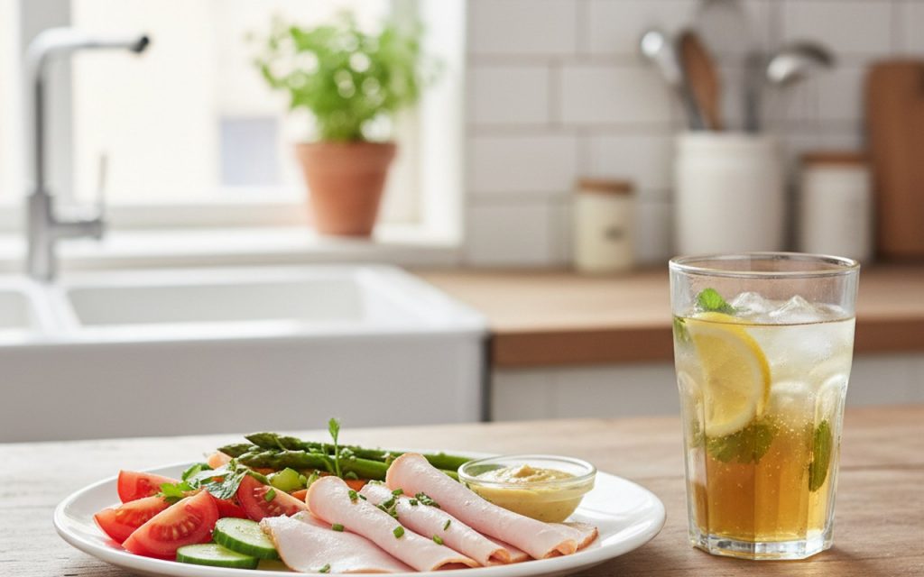 Assiette de jambon blanc cuit avec légumes frais sur une table de cuisine.