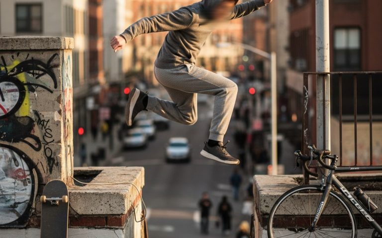Un adolescent pratiquant le parkour dans un environnement urbain, symbolisant l'indépendance.