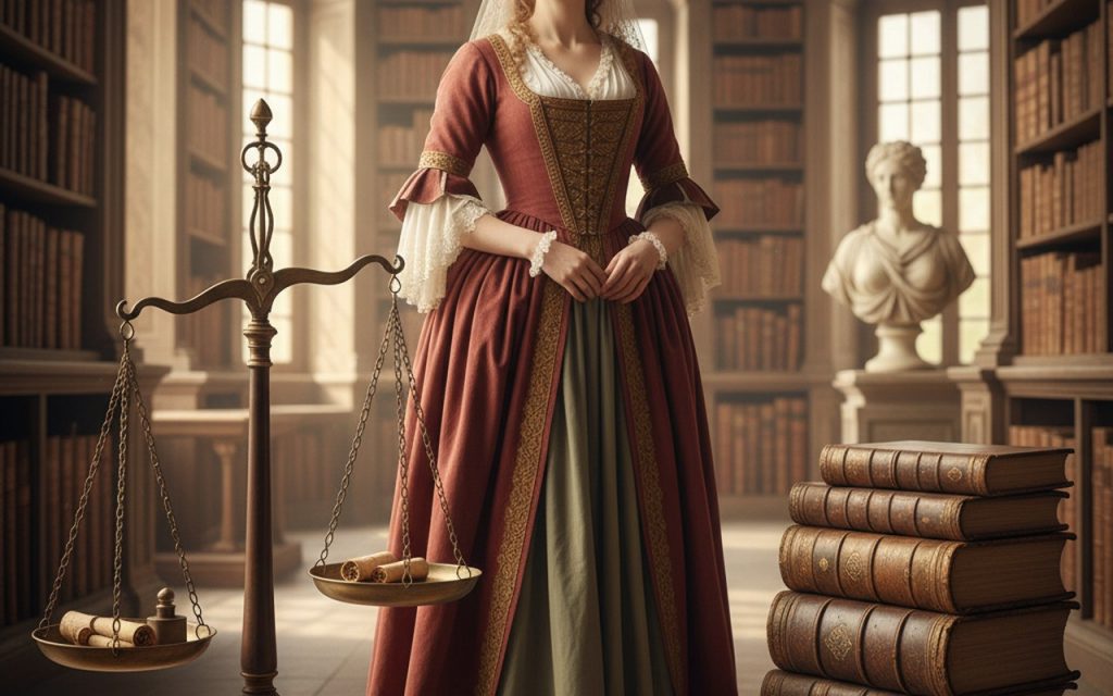 Scène symbolique illustrant le prénom Justine avec des éléments de justice.