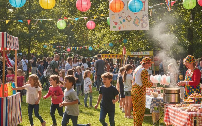 Scène d'une kermesse scolaire avec des enfants jouant et des stands colorés.