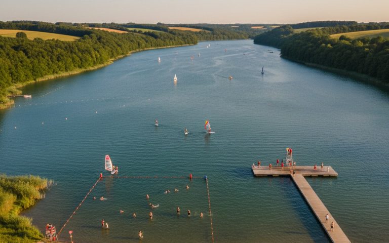 Vue du lac de la Madine avec baignade surveillée et paysages naturels.