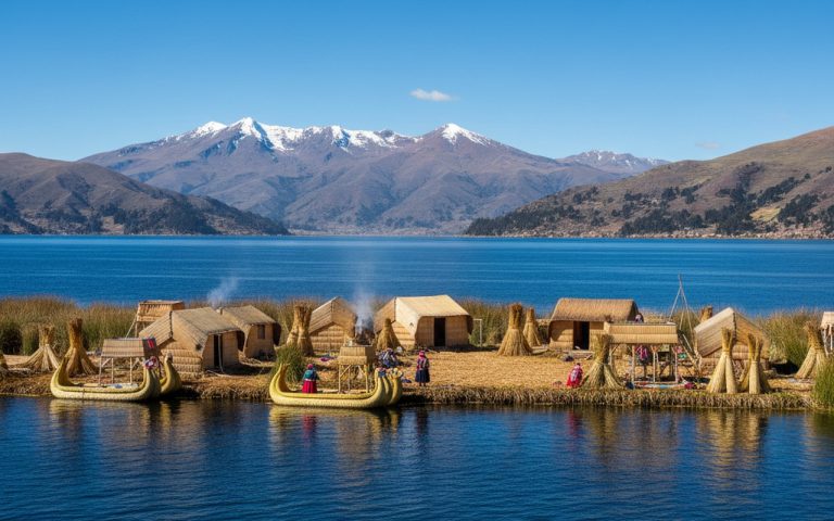 Vue panoramique du lac Titicaca avec îles flottantes et montagnes andines.