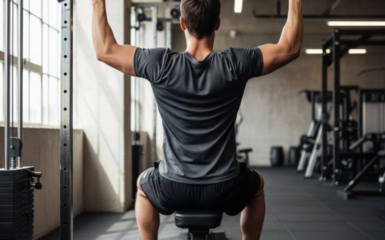 Homme exécutant un latissimus pull down avec une bonne posture en salle de musculation.