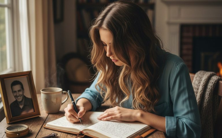 Une fille écrivant une lettre à son père décédé, entourée de souvenirs.