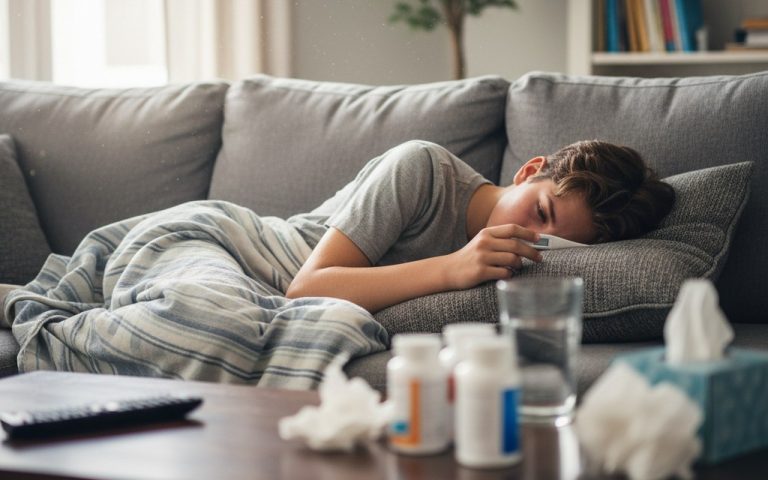 Adolescent fatigué avec un thermomètre et des médicaments sur une table.