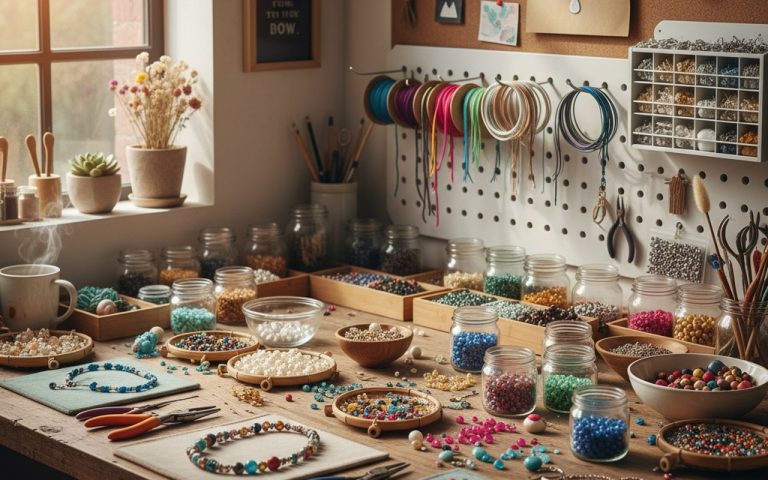 Espace de création de bijoux DIY avec perles et outils sur une table de travail.