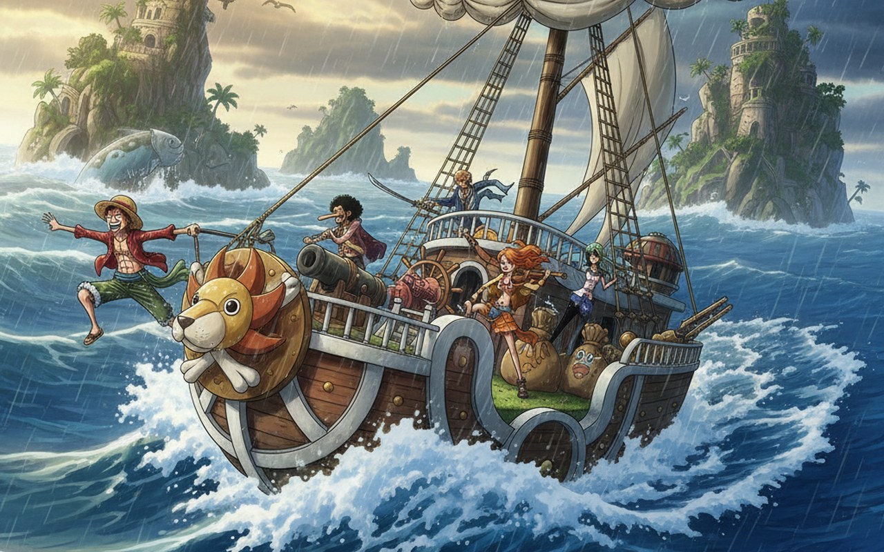 L'équipage du Chapeau de Paille naviguant sur le Thousand Sunny dans des eaux tumultueuses.
