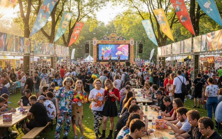 Rassemblement de fans de Pokémon lors d'un événement festif en plein air.