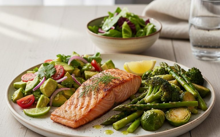 Repas céto avec salade d'avocat, saumon grillé et légumes verts.