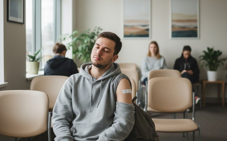 Patient en salle d'attente après vaccination, bandage au bras, fatigue légère.