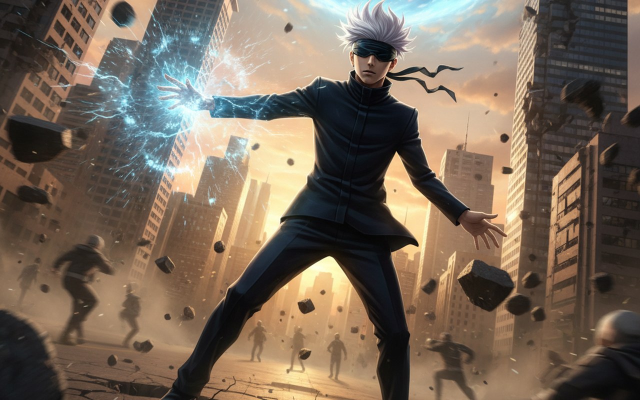 Satoru Gojo en action, illustrant sa puissance et son design iconique dans un combat urbain.