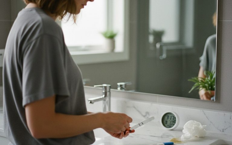 Femme attendant le résultat d'un test de grossesse Action dans une salle de bain.