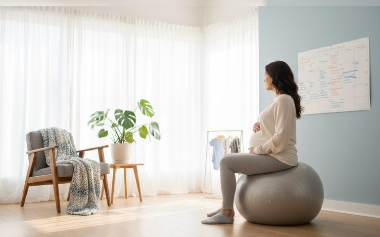 Femme enceinte observant un calendrier des signes d'accouchement imminent.
