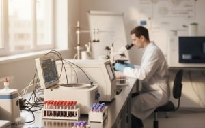 Laboratoire médical avec échantillons de sang pour analyse de VGM élevé.
