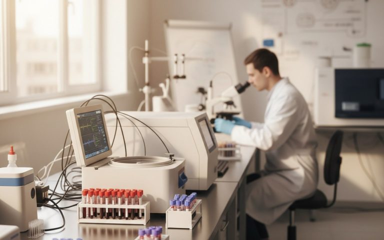 Laboratoire médical avec échantillons de sang pour analyse de VGM élevé.